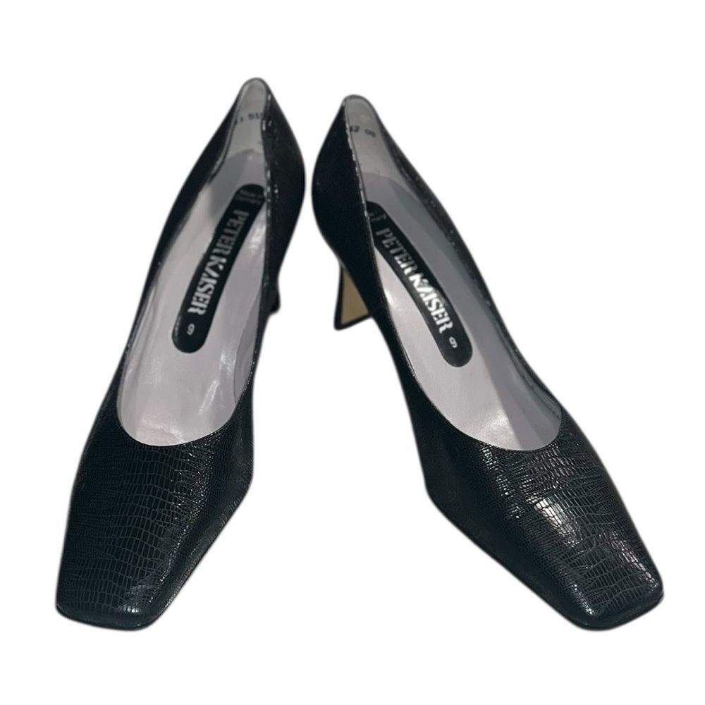 Peter Kaiser Black Textured Leather Square Toe Kitten Heel Pumps Size 9